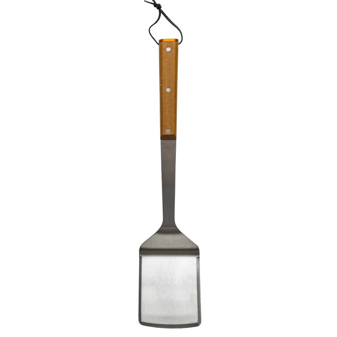 Stainless steel Traeger BBQ spatula, vertical view